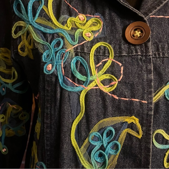 CHOICES Women PM Denim Jacket Ribbon Embellished Blue Snap Closure Long Sleeves - Picture 4 of 16